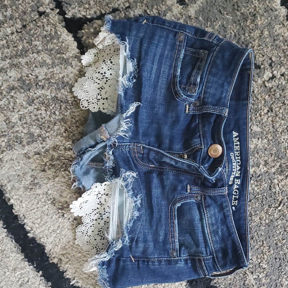 American Eagle Outfitters Women's Dark Blue Denim Shorts with Lace Trim